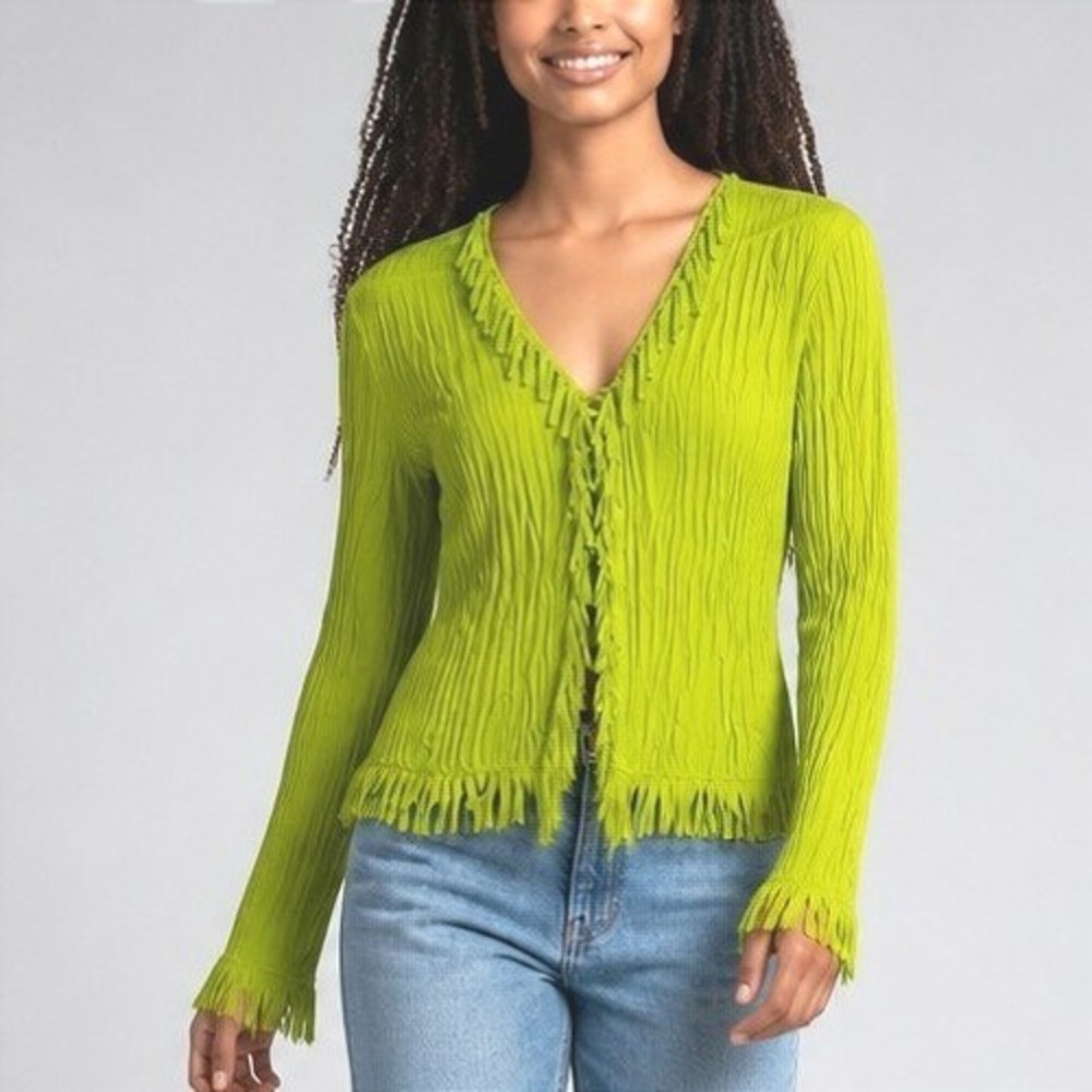 Vintage BG Collection Lime Green Crinkle Fringe Trim Cardigan Top Whimsigoth Y2K